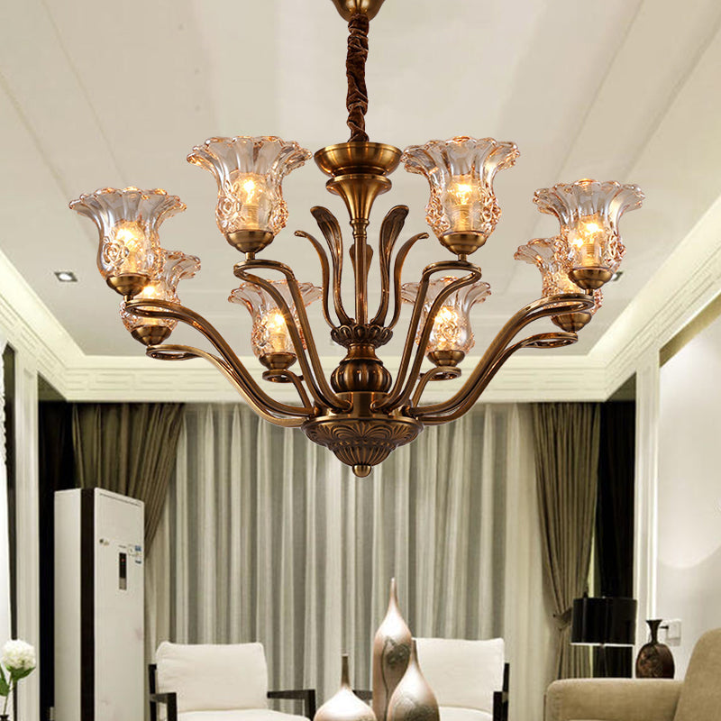Clear Glass Pendant Chandelier with Branching Design - Rustic Living Room Ceiling Light in Brass - 3/6/8 Heads