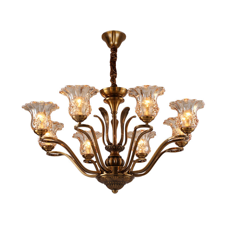 Clear Glass Pendant Chandelier with Branching Design - Rustic Living Room Ceiling Light in Brass - 3/6/8 Heads
