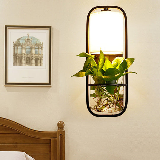 Industrial Wall Lamp with Cage, Black Fabric Shade, and Plant Container