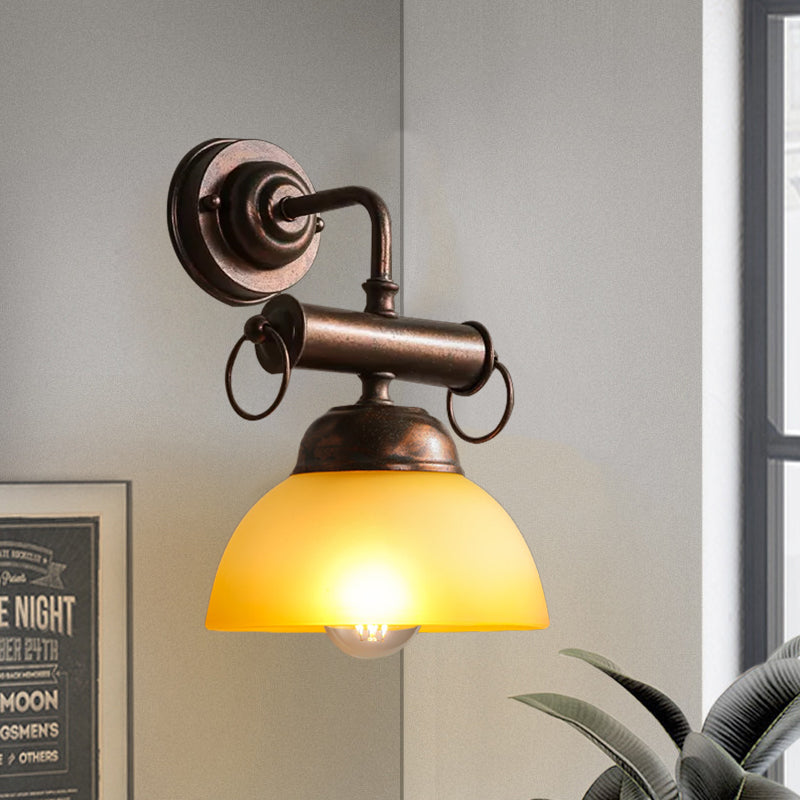 Farmhouse Bronze Bowl Wall Sconce Light with White/Yellow Glass - 1 Head Restaurant Lighting Fixture