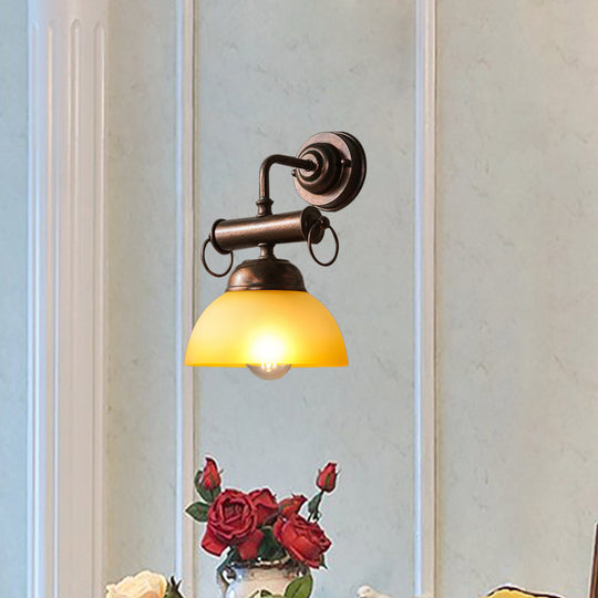 Farmhouse Bronze Bowl Wall Sconce Light with White/Yellow Glass - 1 Head Restaurant Lighting Fixture