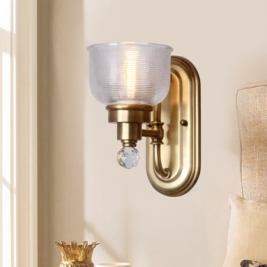 Ribbed Glass Gold Wall Lamp: Domed Colonial Wall Light with Crystal Ball