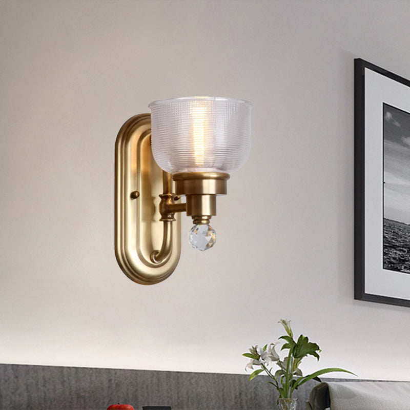 Ribbed Glass Gold Wall Lamp: Domed Colonial Wall Light with Crystal Ball