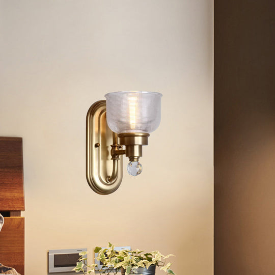 Ribbed Glass Gold Wall Lamp: Domed Colonial Wall Light with Crystal Ball