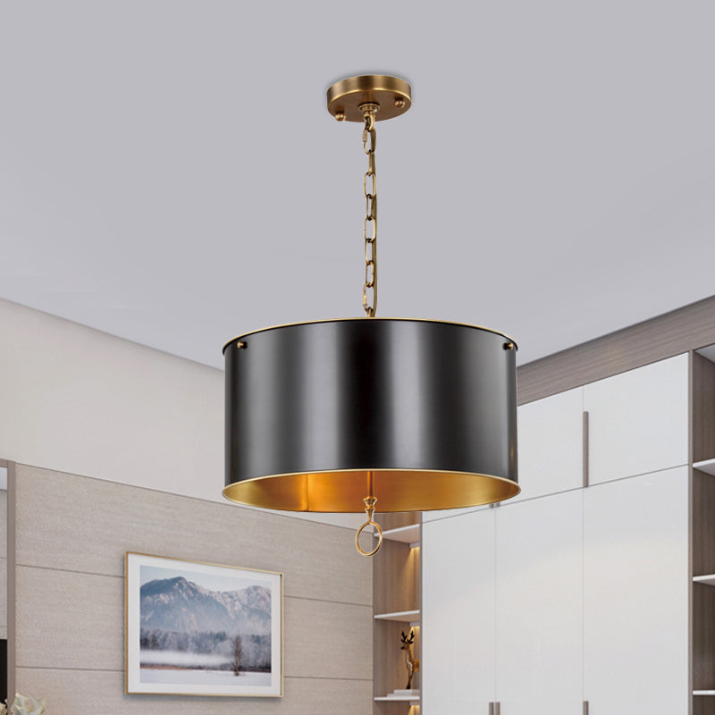 Black Pendant Light Kit with Metallic Drum Shade for Living Room - Traditional Hanging Lamp