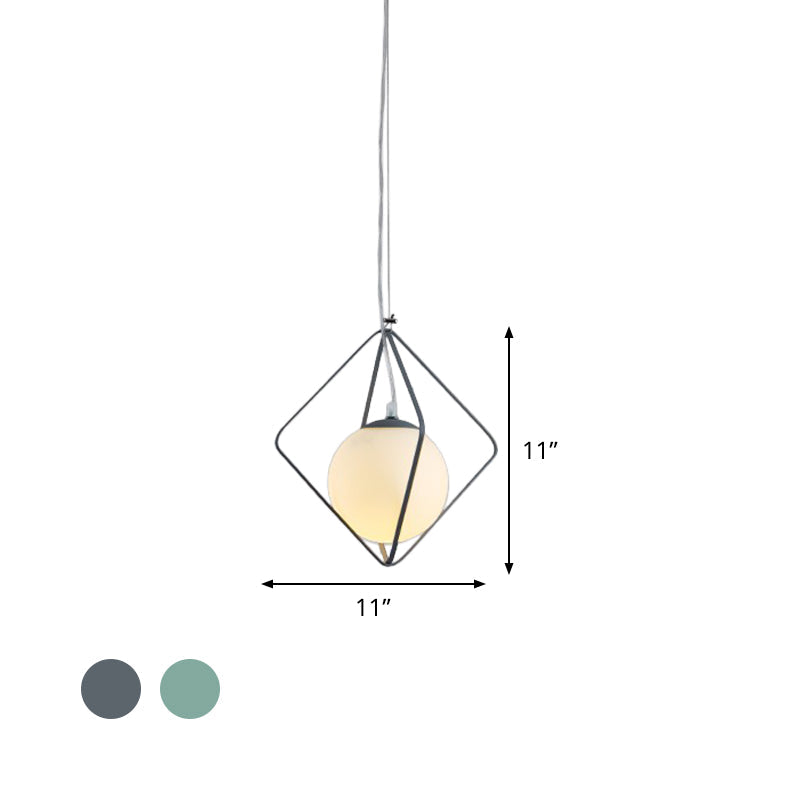 Minimalist Green/Grey Rhombus Cage Pendant Light with Milk Glass Shade - Single Head Iron Hanging Lamp Kit