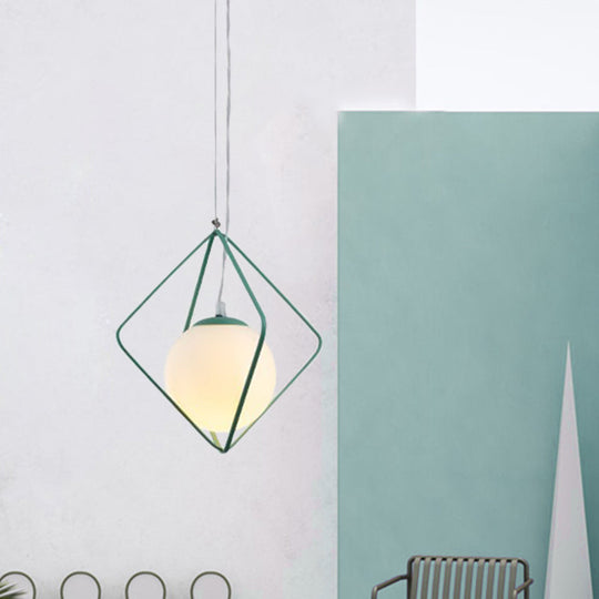 Minimalist Green/Grey Rhombus Cage Pendant Light with Milk Glass Shade - Single Head Iron Hanging Lamp Kit