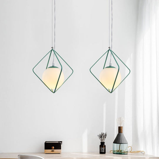 Minimalist Green/Grey Rhombus Cage Pendant Light with Milk Glass Shade - Single Head Iron Hanging Lamp Kit