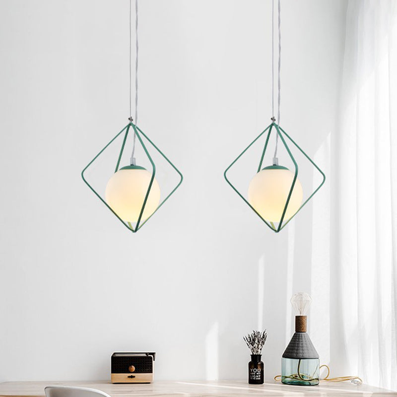 Minimalist Green/Grey Rhombus Cage Pendant Light with Milk Glass Shade - Single Head Iron Hanging Lamp Kit