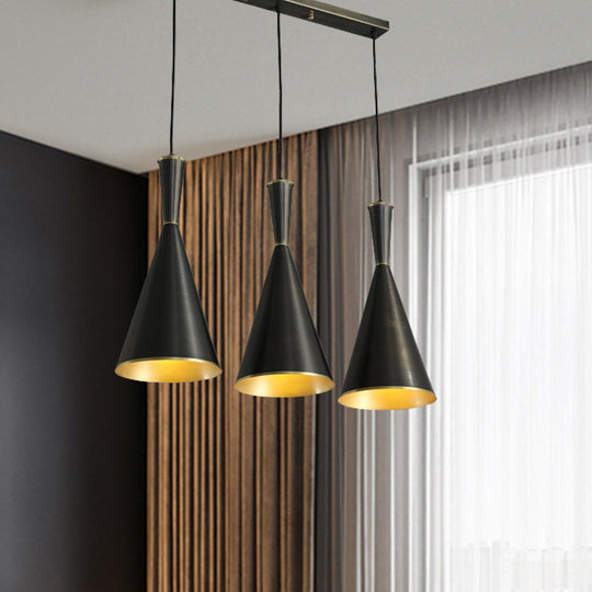 Cluster Horn Pendant Antiqued Metal Hanging Lamp with Black/Gold Finish - 3 Lights for Kitchen, Round/Linear Canopy