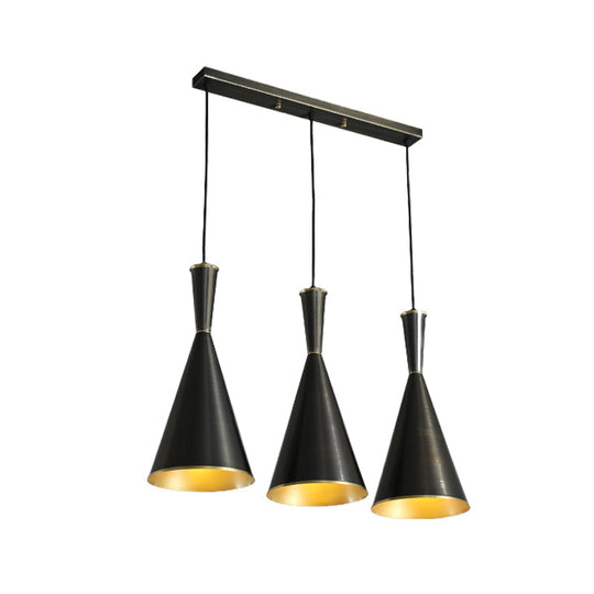 Cluster Horn Pendant Antiqued Metal Hanging Lamp with Black/Gold Finish - 3 Lights for Kitchen, Round/Linear Canopy