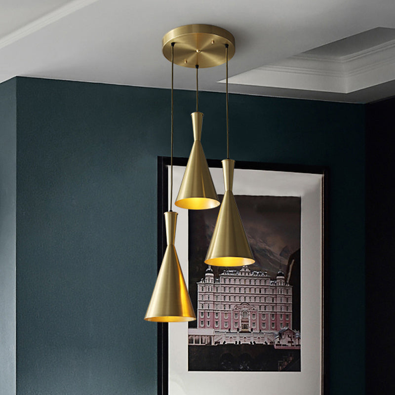 Cluster Horn Pendant Antiqued Metal Hanging Lamp with Black/Gold Finish - 3 Lights for Kitchen, Round/Linear Canopy