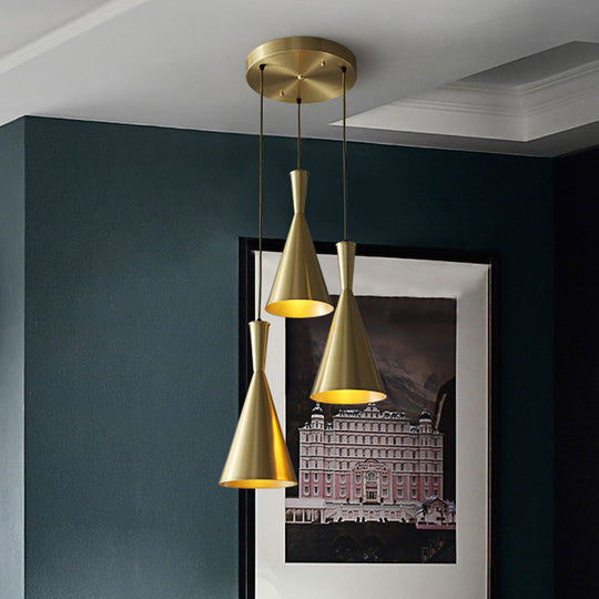 Cluster Horn Pendant Antiqued Metal Hanging Lamp with Black/Gold Finish - 3 Lights for Kitchen, Round/Linear Canopy