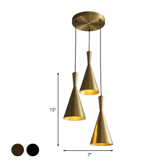Cluster Horn Pendant Antiqued Metal Hanging Lamp with Black/Gold Finish - 3 Lights for Kitchen, Round/Linear Canopy