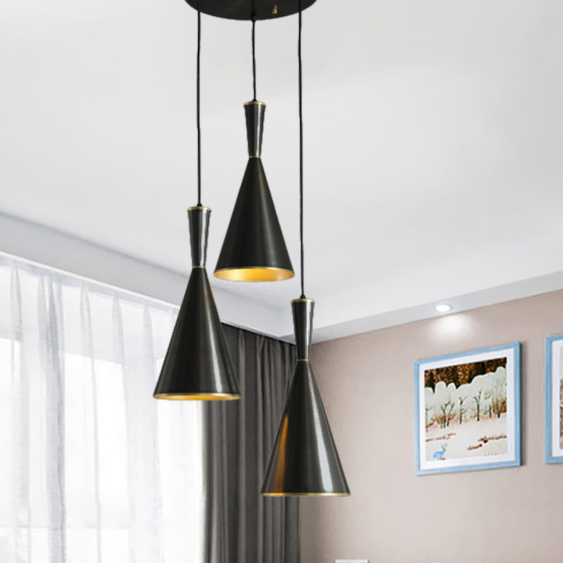 Cluster Horn Pendant Antiqued Metal Hanging Lamp with Black/Gold Finish - 3 Lights for Kitchen, Round/Linear Canopy