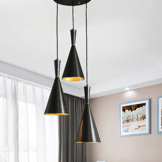 Cluster Horn Pendant Antiqued Metal Hanging Lamp with Black/Gold Finish - 3 Lights for Kitchen, Round/Linear Canopy