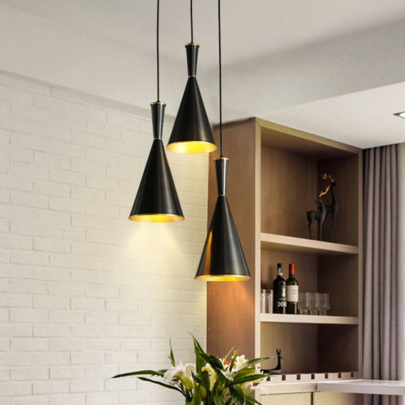 Cluster Horn Pendant Antiqued Metal Hanging Lamp with Black/Gold Finish - 3 Lights for Kitchen, Round/Linear Canopy