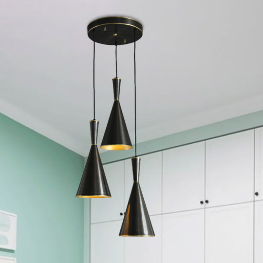 Cluster Horn Pendant Antiqued Metal Hanging Lamp with Black/Gold Finish - 3 Lights for Kitchen, Round/Linear Canopy