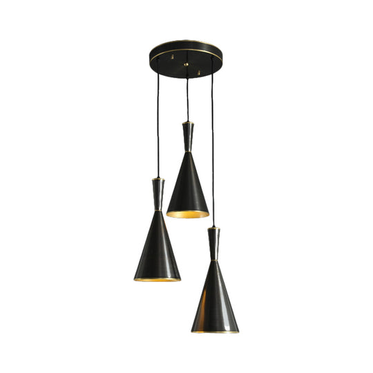 Cluster Horn Pendant Antiqued Metal Hanging Lamp with Black/Gold Finish - 3 Lights for Kitchen, Round/Linear Canopy