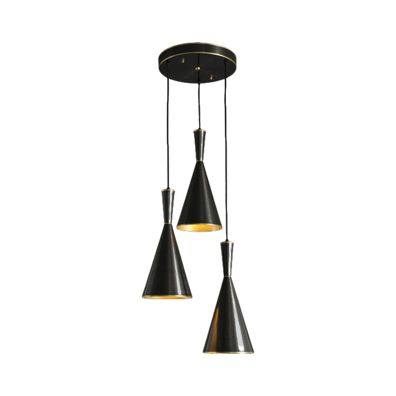 Cluster Horn Pendant Antiqued Metal Hanging Lamp with Black/Gold Finish - 3 Lights for Kitchen, Round/Linear Canopy