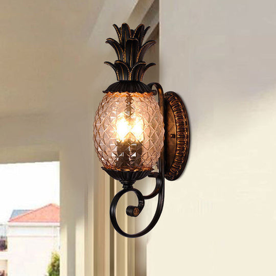 Vintage Pineapple Outdoor Wall Lamp - Brass Wall Mount Light with Smoke Gray Ribbed Glass and 1-Bulb