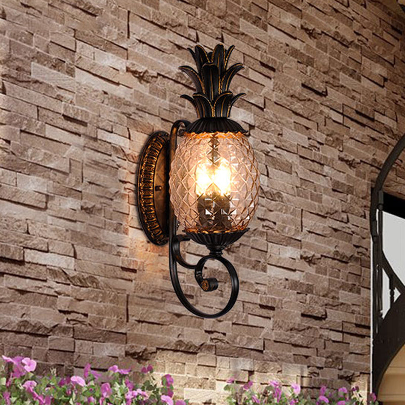 Vintage Pineapple Outdoor Wall Lamp - Brass Wall Mount Light with Smoke Gray Ribbed Glass and 1-Bulb
