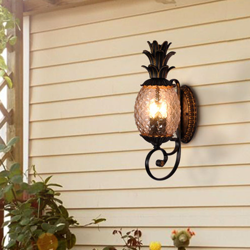 Vintage Pineapple Outdoor Wall Lamp - Brass Wall Mount Light with Smoke Gray Ribbed Glass and 1-Bulb