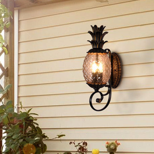 Vintage Pineapple Outdoor Wall Lamp - Brass Wall Mount Light with Smoke Gray Ribbed Glass and 1-Bulb