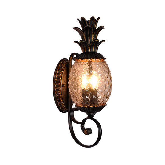 Vintage Pineapple Outdoor Wall Lamp - Brass Wall Mount Light with Smoke Gray Ribbed Glass and 1-Bulb