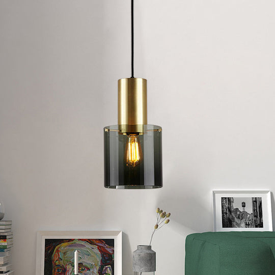 Retro Smoke Grey Glass Pendant Light with Brass Top for Kitchen Countertops