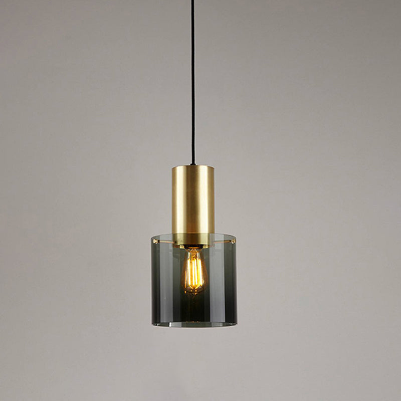 Retro Smoke Grey Glass Pendant Light with Brass Top for Kitchen Countertops