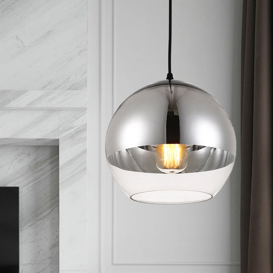 Minimalist Silver Sphere Pendant Lamp - Bedroom Hanging Light with Transparent Open Glass & 6"/8"/12" Wide Bulb