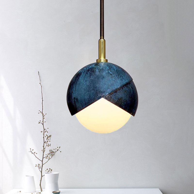 Vintage Milk Glass Pendant Light with Blue Double Dome Cap - Mini Globe, Hanging Ceiling Lamp