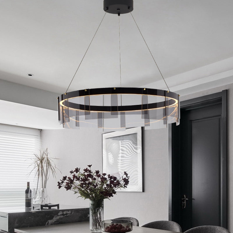 Modern Black Circle Pendant Light with Smoke Grey Glass and LED Technology