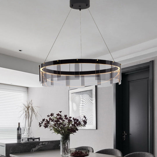 Modern Black Circle Pendant Light with Smoke Grey Glass and LED Technology