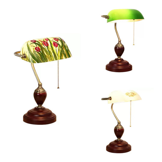 Traditional Rollover Shade Banker Lamp - 1 Light Green/Red/White Glass Desk Lamp with Pull Chain for Bedroom