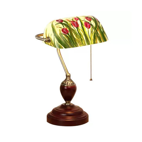 Traditional Rollover Shade Banker Lamp - 1 Light Green/Red/White Glass Desk Lamp with Pull Chain for Bedroom