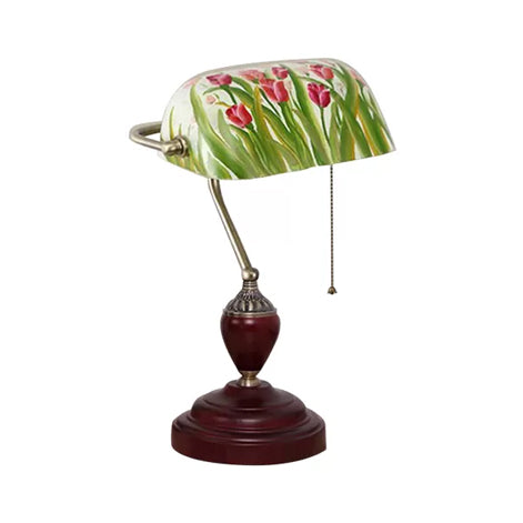 Traditional Rollover Shade Banker Lamp - 1 Light Green/Red/White Glass Desk Lamp with Pull Chain for Bedroom