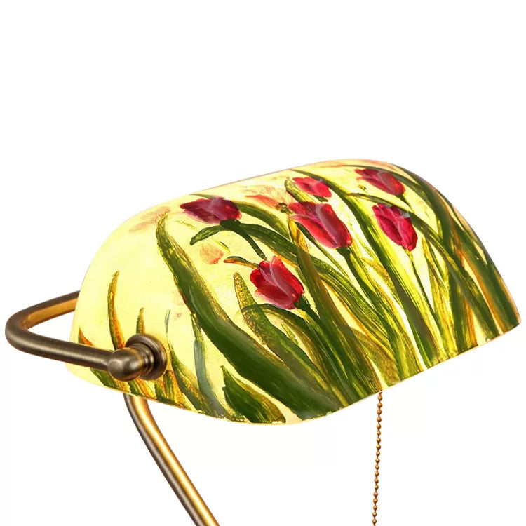 Traditional Rollover Shade Banker Lamp - 1 Light Green/Red/White Glass Desk Lamp with Pull Chain for Bedroom