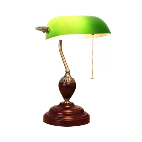 Traditional Rollover Shade Banker Lamp - 1 Light Green/Red/White Glass Desk Lamp with Pull Chain for Bedroom