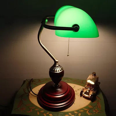 Traditional Rollover Shade Banker Lamp - 1 Light Green/Red/White Glass Desk Lamp with Pull Chain for Bedroom