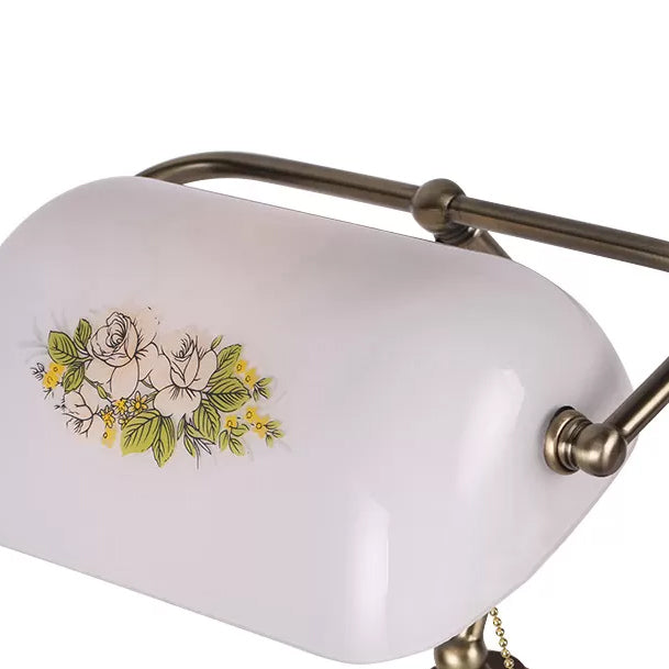 Traditional Rollover Shade Banker Lamp - 1 Light Green/Red/White Glass Desk Lamp with Pull Chain for Bedroom
