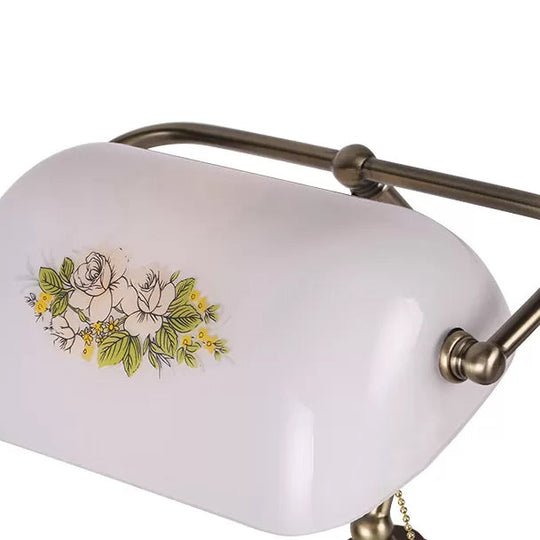Traditional Rollover Shade Banker Lamp - 1 Light Green/Red/White Glass Desk Lamp with Pull Chain for Bedroom