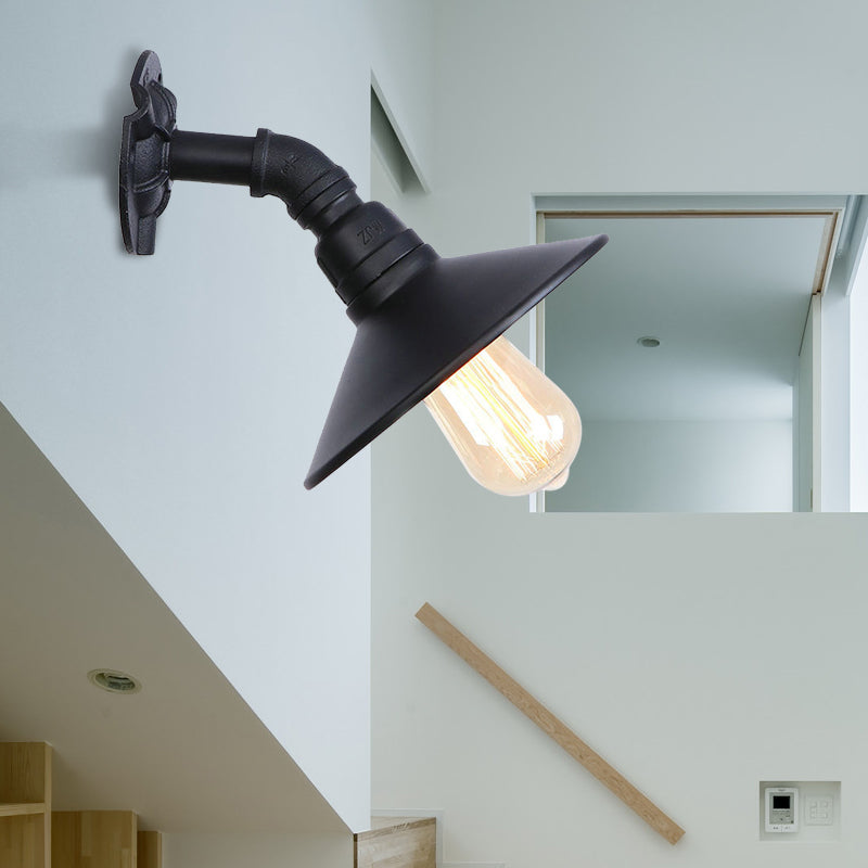Curved Pipe Metal Wall Mount Sconce with Conic Shade - Industrial Style Hallway Wall Lamp in Black