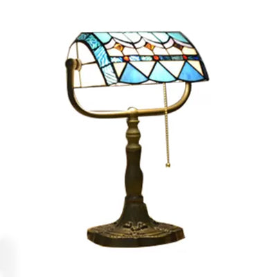 Stylish Blue/Orange Tiffany Table Lamp with Pull Chain & Rollover Shade