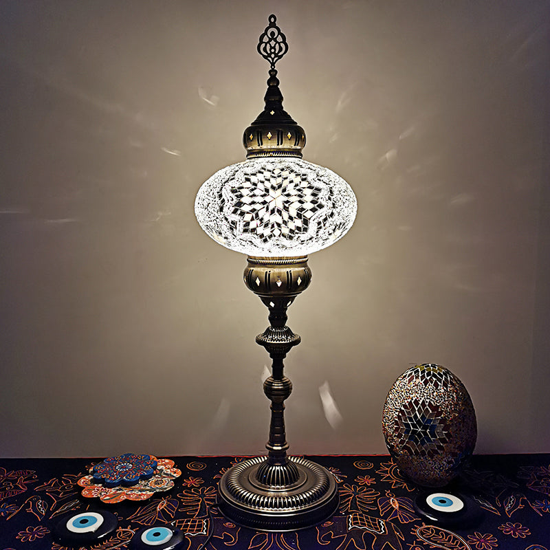 Traditional Stained Glass Bedside Floor Lamp - Elliptical Design, White/Beige/Red, 1 Head Standing Light