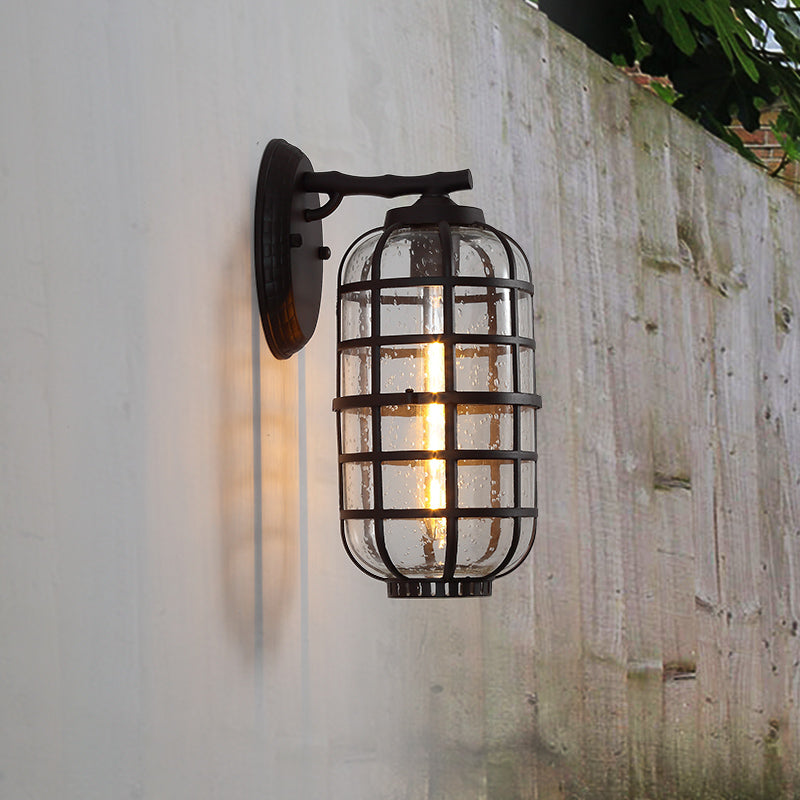 Industrial Wall Mounted Outdoor Lamp with Seedy Glass and Single Bulb in Black/Bronze, 5.5-8" Wide