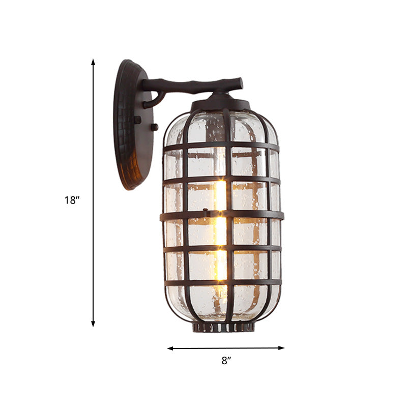 Industrial Wall Mounted Outdoor Lamp with Seedy Glass and Single Bulb in Black/Bronze, 5.5-8" Wide