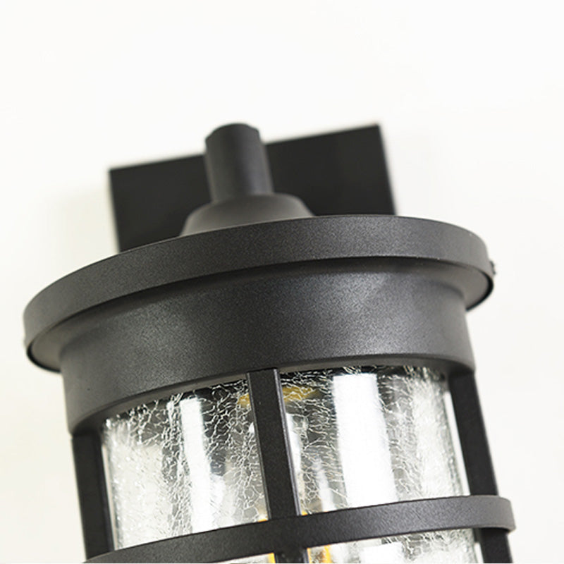 Outdoor Vintage Crackle Glass Cylinder Wall Sconce Lamp - 1 Light Black Fixture, 6"/8" Wide