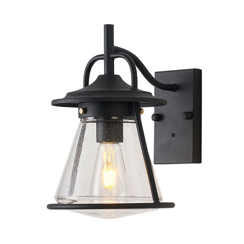 Industrial Black Wall Sconce with Seeded Glass and Cone Shade - Outdoor Lighting